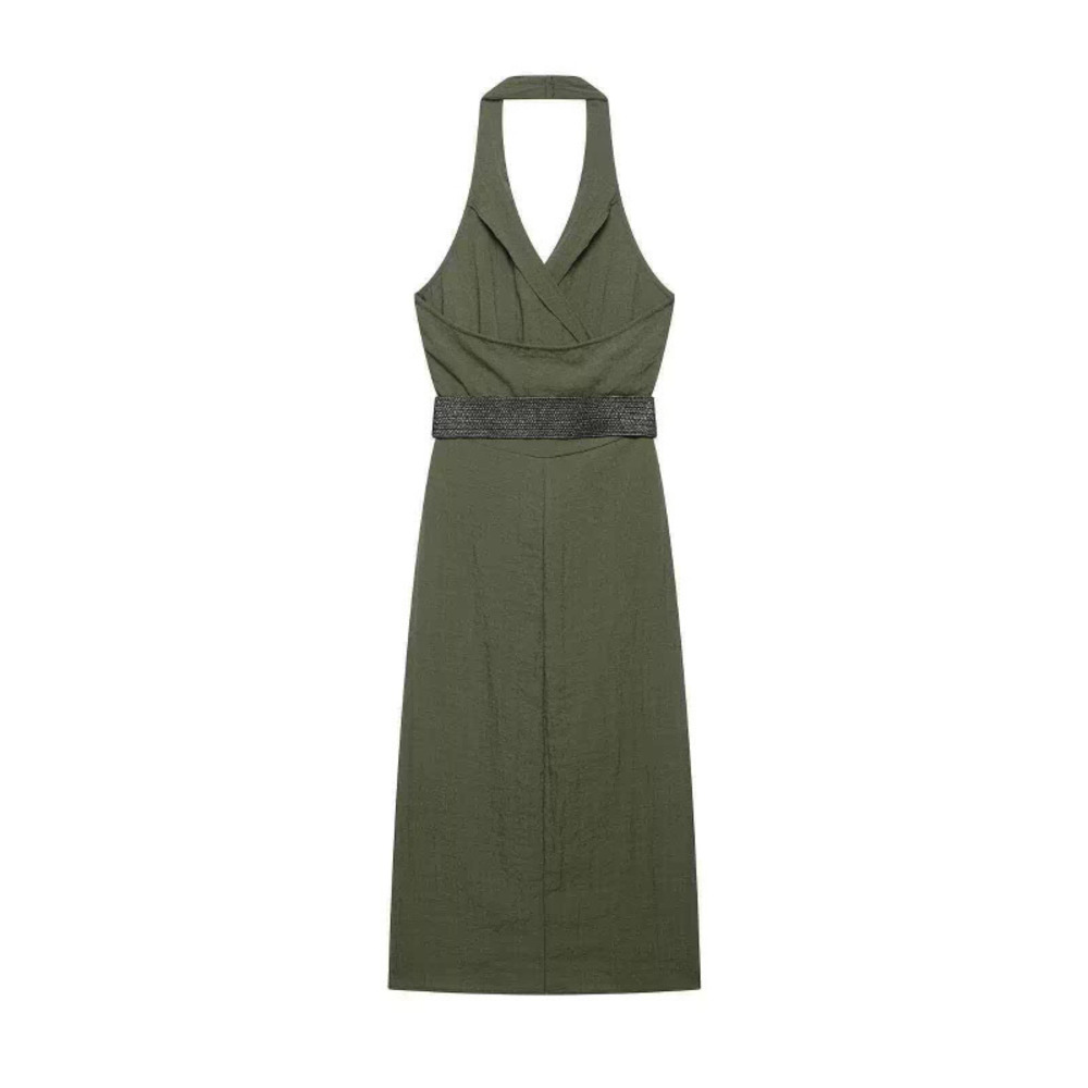 ZARA Summer Fashion Olive Green Halter Neck Dress
